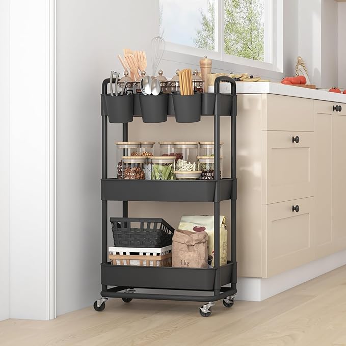 JIUYOTREE 3-Tier Plastic Rolling Storage Cart Utility Cart with Extra Hanging Cups Handles Lockable Wheels for Living Room Bathroom Kitchen Office Black-NeatNest