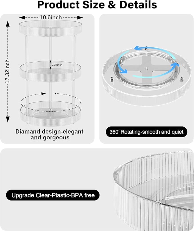 3 Tier Lazy Susan Bathroom Countertop Organizer, 360° Clear Rotating Makeup Cosmetic Perfume Storage Tray, Spinning Vanity Organizer Shelf for Bathroom Cabinet, Dresser, Kitchen(Large)-NeatNest