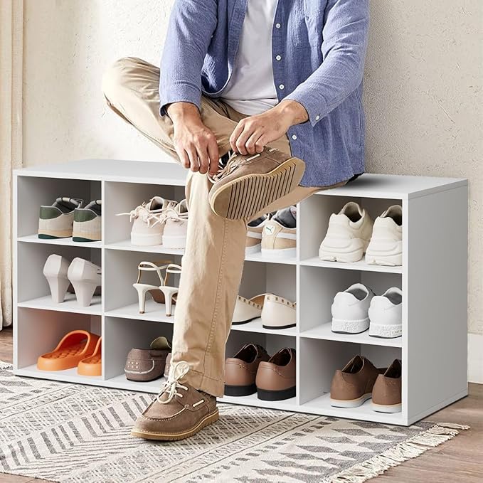 12-Cubby Shoe Rack, 3-Tier Wood Shoe Organizer, Multifunctional Shoe Organizer Bench for Entryway, Mudroom, Hallway, Closet,36.22 * 11.81 * 17.72 Inch,White-NeatNest