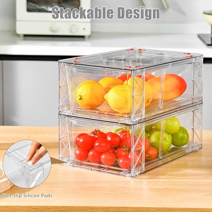 4Pack Clear Stackable Kitchen Storage Organizer,Pantry Organizers and Storage,Foods Organizer Bins with Handles, Easily Assemble for Bathroom, Kitchen, Refrigerator, Pantry, Cabinet, Closet-NeatNest