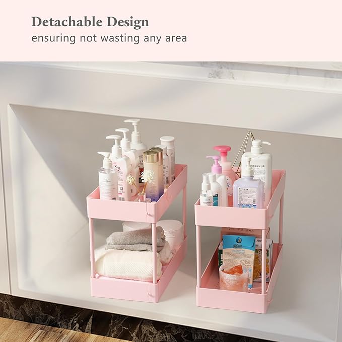 danpinera Slim Storage Cart, 3 Tier Narrow Rolling Cart on Wheels Bathroom Organizer with Dividers Handle Hanging Cups Hooks for Laundry Room Kitchen Small Spaces, Pink