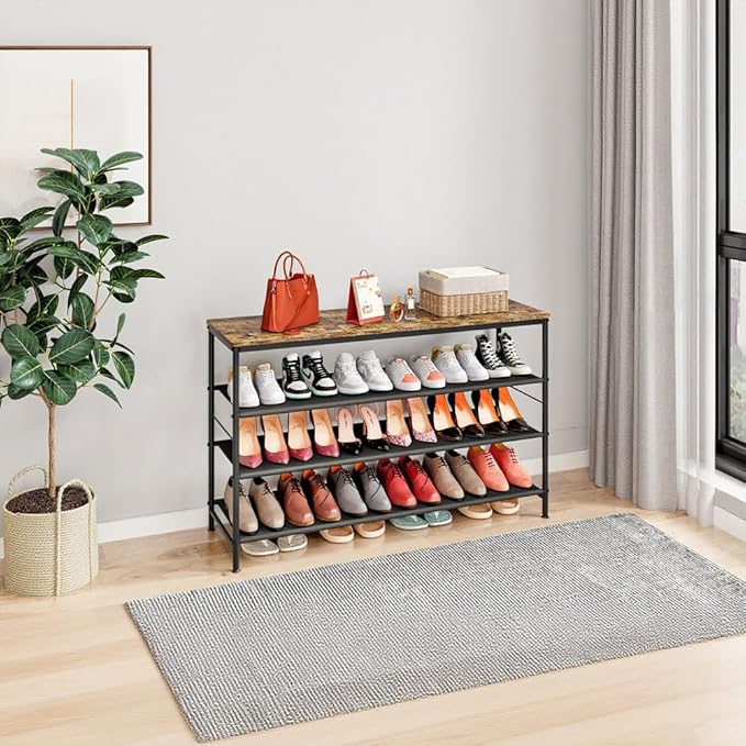 Shoe Rack Organizer 4 Tier Long Metal Organizer Shelf with Industrial MDF Board and Layer Fabric for Entryway Closet Bedroom Living Room Garage,Black & Rustic Brown-NeatNest