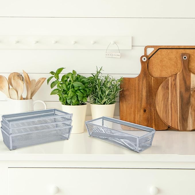 4PCS Drawer Organizer for Kitchen, Utensil Mesh Organizer With Interlocking Arm for Cosmetic, Flatware, Pen (9 * 3 * 2 Inches, Grey)-NeatNest