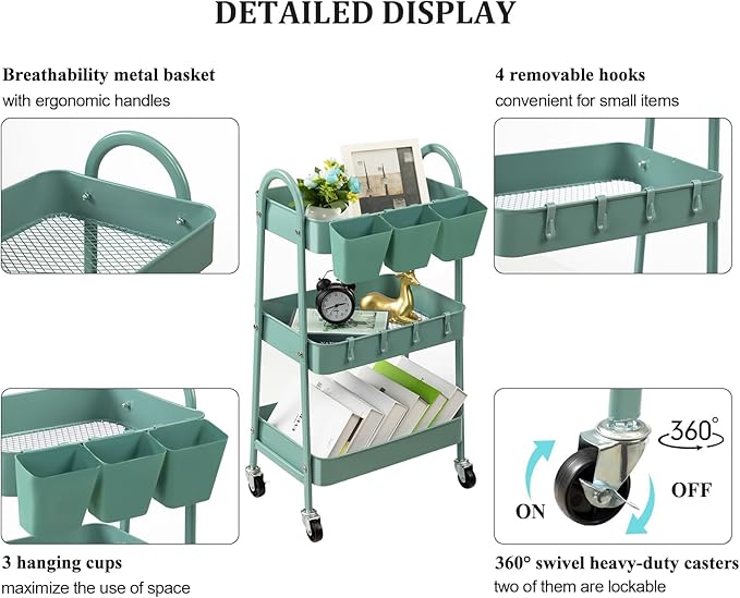 danpinera 3-Tier Rolling Cart, Metal Rolling Storage Cart with Lockable Wheels & Hanging Cups & Hooks, Mobile Trolley for Kitchen, Bathroom, Office, Workshop, Green-NeatNest
