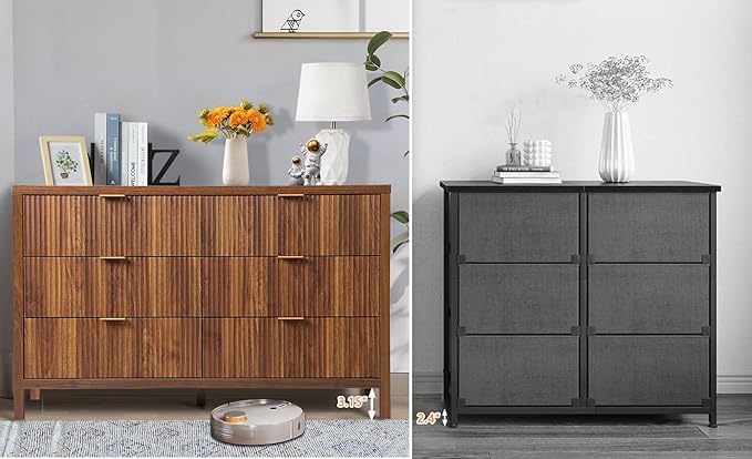 6 Drawer Dresser Cabinet, Long Nightstand with Drawers and Storage Cabinet, Farmhouse Solid Wood Dresser TV Stand, Mid Century Modern Nightstand with 6 Drawer Side Table for Bedroom Closet (Walnut)