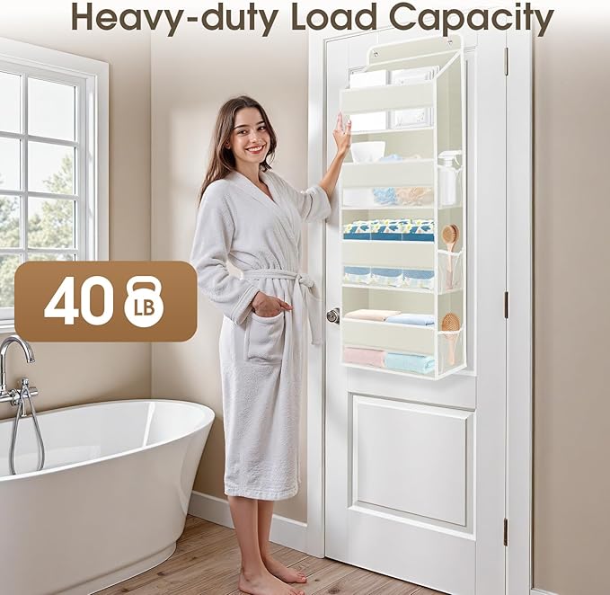 1 Pack Over The Door Organizer, Hanging Storage Organizer with Clear Window, 40lb Ultra Sturdy Large Capacity Room Organizer for Pantry Bathroom Nursery Closet Baby Essential (Beige)-NeatNest