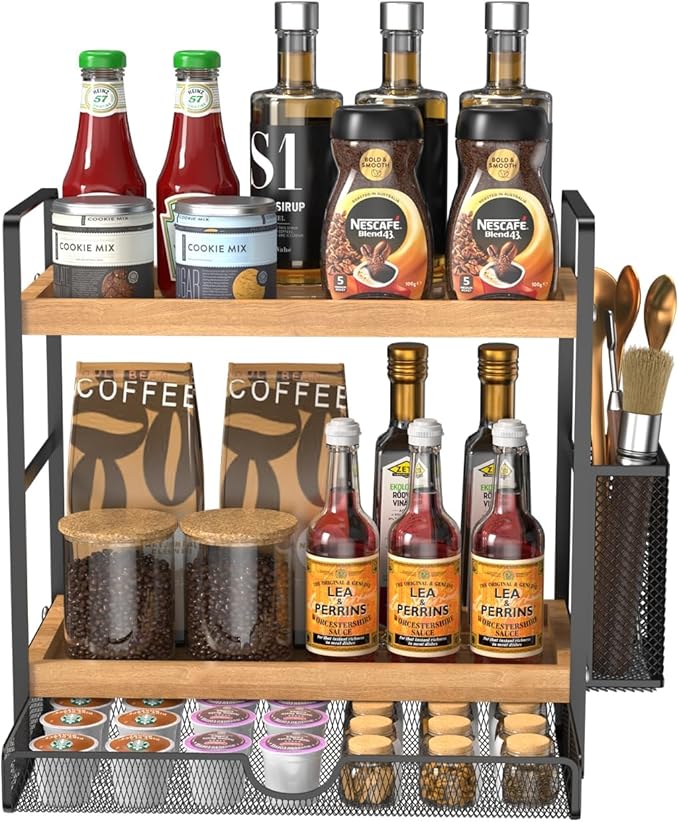 2 Tier Spice Rack Organizer for Countertop with Drawer and Basket, Suitable for Coffee Organizer, Kitchen Counter Storage, Bathroom Storage-NeatNest
