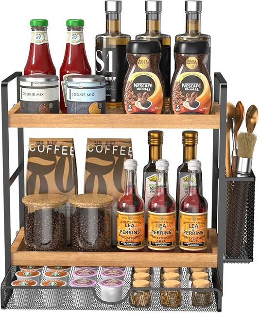 2 Tier Spice Rack Organizer for Countertop with Drawer and Basket, Suitable for Coffee Organizer, Kitchen Counter Storage, Bathroom Storage-NeatNest
