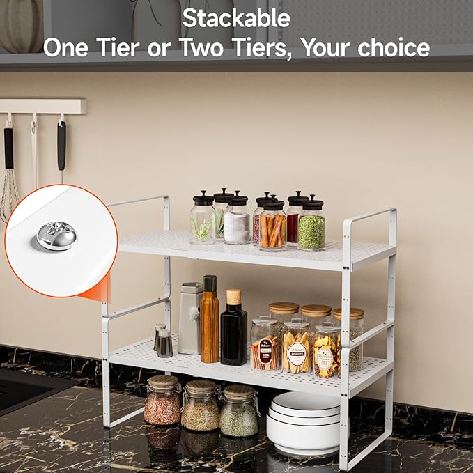 16.5-27’’L Expandable Cabinet Countertop Shelf Organizer, Stackable Metal Shelves, Kitchen Organizers and Storage, White Storage Spice Rack for Pantry and Cupboard-NeatNest