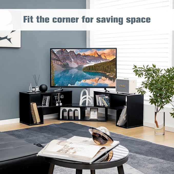GOFLAME 3 Pieces TV Console Stand, Modern Entertainment Center for 50 55 60 65 Inch Flat Screen TV, Free Combination Bookcase for Storage & Display, Suitable for Living Room, Bedroom (Black)-NeatNest