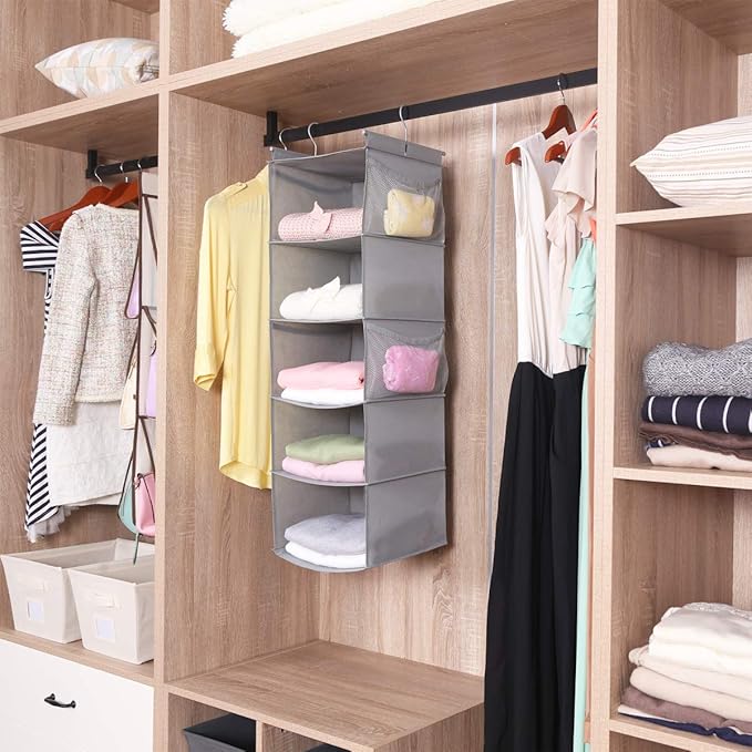 MAX Houser 5 Shelf Hanging Closet Organizer,Space Saver, Closet Hanging Shelves with (4) Side Pockets,Foldable,Light Grey-NeatNest