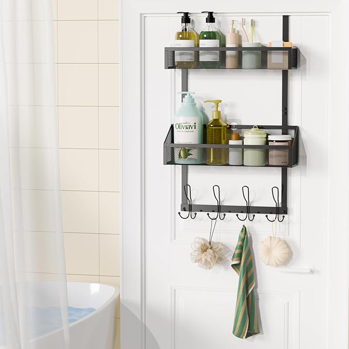 Over The Door Hooks Organizer, Over The Door Towel Rack Back of Door Storage Organizer with 12 Hooks & 2 Mesh Baskets Door Hanger Organizer for Bathroom,Kitchen,Bedroom(Black)