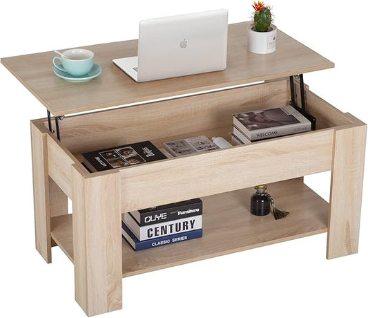 FDW Lift Top Coffee Table with Lift Tabletop Hidden Compartment and Storage Shelf Wooden Living Room Table for Home Reception Room Office,Grey