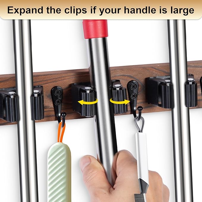 Broom Holder Wall Mount With 5 Slots & 4 Hooks，Rustic Wood Broom & Mop Hanger，Wall Mounted Garden & Garage Tool Storage Organizer Rack for Closet Laundry Room or Kitchen Wall Decor-NeatNest