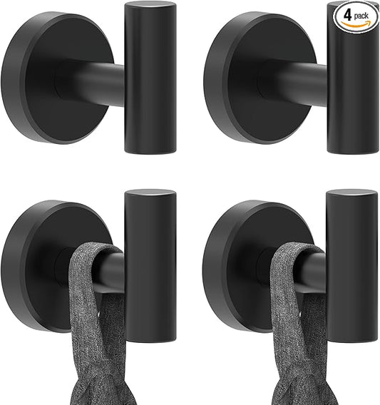 Black Bathroom Towel Hook, Coat Robe Clothes Hook for Kitchen Garage Wall Mounted 4 Pack, 304 Stainless Steel, Heavy Duty Door Hanger, Cabinet Closet Wall Hook for Hotel Pool (Matte Black)