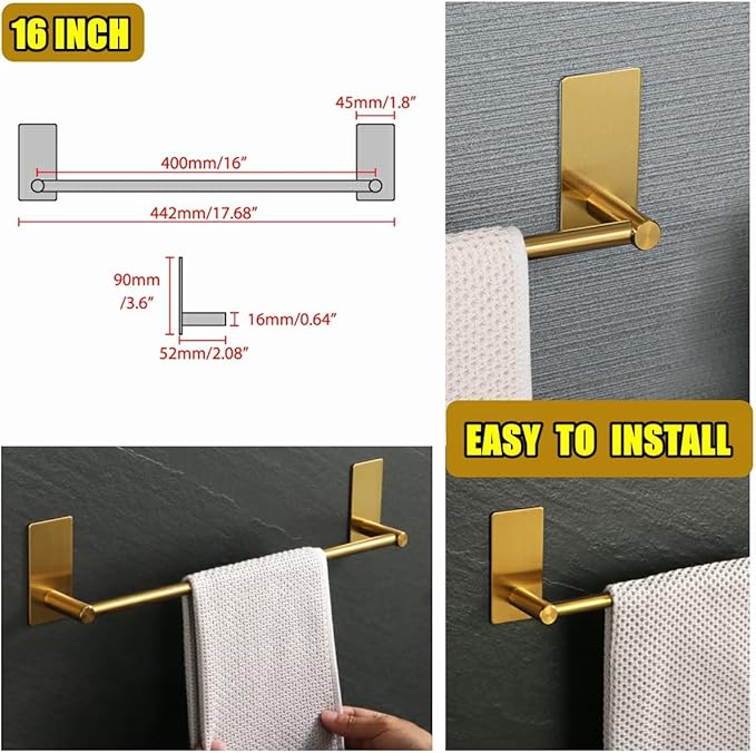 Alise Towel Racks for Bathroom, 16 Inch SUS 304 Stainless Steel Adhesive Gold Towel Bar No Drill, Towel Rack Wall Mounted，Rustproof Bath Towel Holder