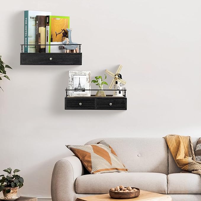 Floating Shelves for Wall Storage, Wall Mounted Bathroom Shelf with Drawers Set of 2, Rustic Wood Wall Shelves for Bedroom, Living Room, Kitchen, Home Decor, Plants, Books (Black)-NeatNest
