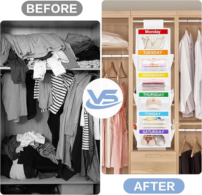6-Shelf Weekly Closet Hanging Organizer for Kids, 6-Grid Days of the Week Baby Kids Clothing Organizer Monday through Saturday, Foldable Oxford Cloth Closet Clothes Weekday Storage (White)-NeatNest