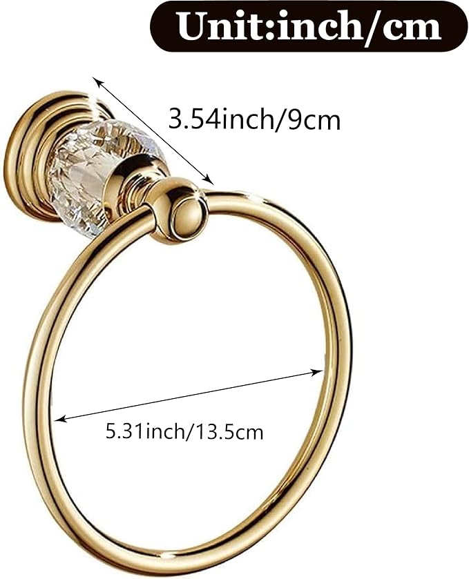 Gold Towel Ring - SUS304 Stainless Steel Wall Mounted Hand Towel Holder for Bathroom - Kitchen & Bathroom Towel Rack - Crystal Towel Hanger - Round Hand Towel Rack