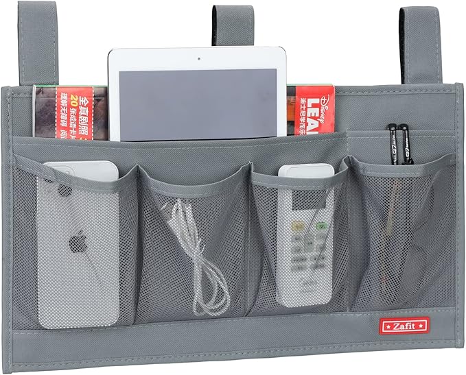 Hanging Bedside Caddy, Bedside Storage Organizer for Magazine, Phone, Remote control (6 Pockets-Grey)-NeatNest