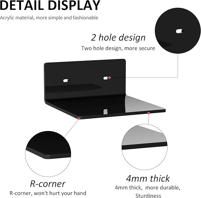 6 Inches Acrylic Small Wall Shelves 2 Pack, Floating Shelf for Wall Mounting, Acrylic Display Ledges for Funko Pop Figures, Home Décor, Living Room, Gaming Room, Plants(6 inch, Black)-NeatNest