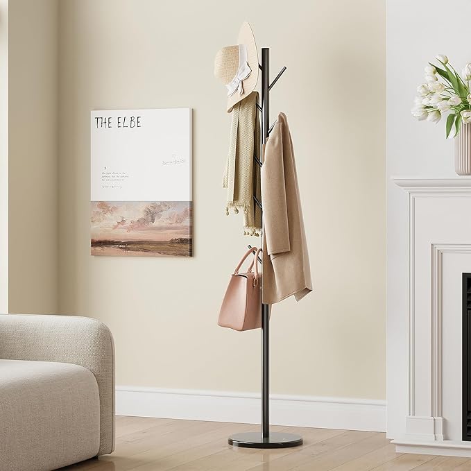 ELYKEN Coat Rack Freestanding with Natural Marble Base, Metal Coat Rack Stand with 10 Hooks, 3 Adjustable Size Coat Tree for Bags, Clothes, and Hats for Entryway, Bedroom, Hallway, Office, Black-NeatNest