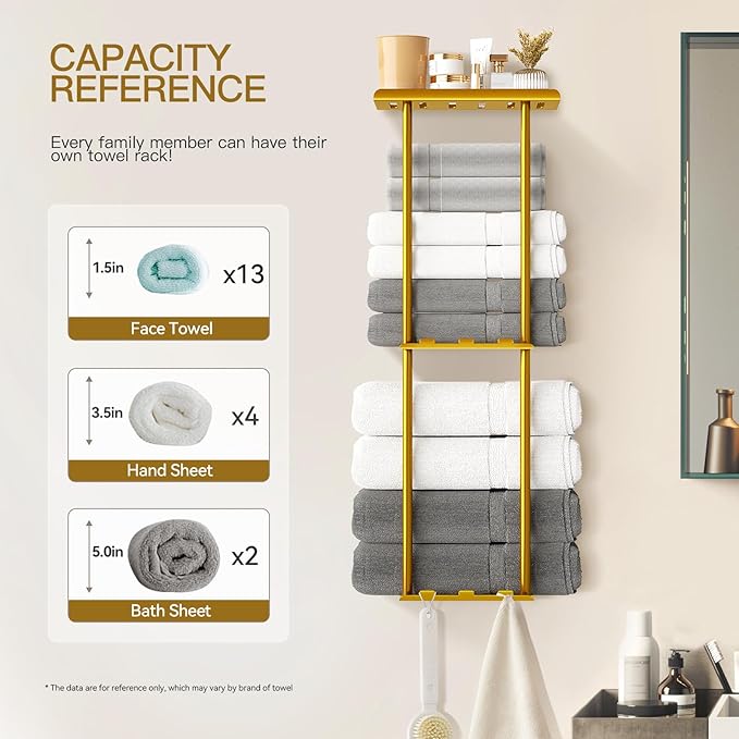 Towel Racks for Bathroom, 3 Tier Metal Towel Holder, with Shelf & 6 Hooks, 29 inch Wall Mounted Towel Storage, 6 Large Bath Towels Capacity,Small Bathroom Towel Rack for Rolled Towels, Gold