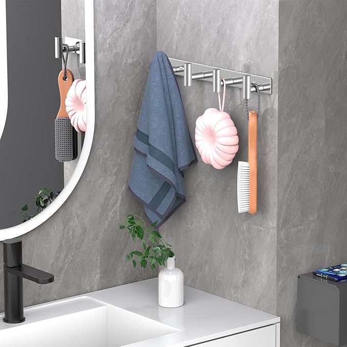 Wall Mounted Coat Rack-4 Hooks, Heavy Duty Stainless Steel Hook Rail for Towel Coat Hat Purse Bag Jacket, Towel Hooks for Entryway Bathroom Kitchen (Silvery 4 Hooks - 1 Pack)-NeatNest