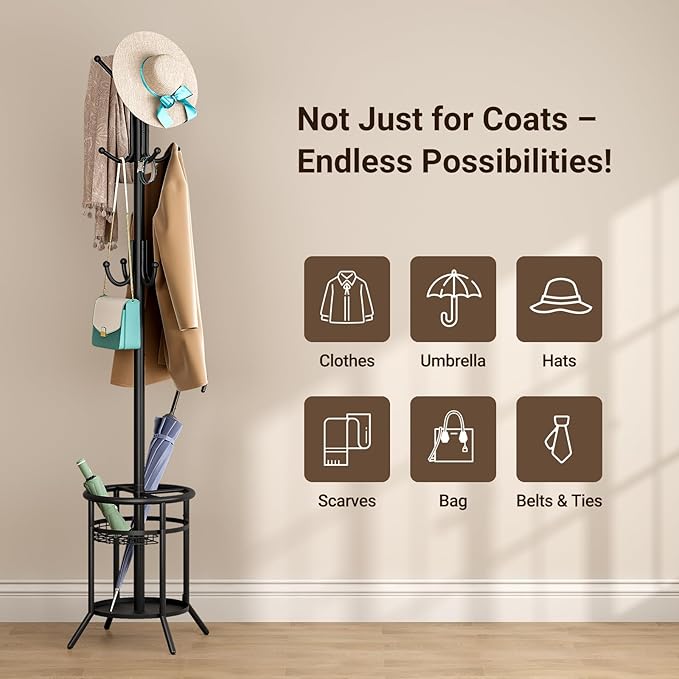 ELYKEN Coat Rack Freestanding, Metal Coat Rack Stand with Umbrella Holder, Modern Coat Tree with 12 Hooks, Floor Standing Corner Hall Tree for Entryway Living Room Bedroom Office, Black-NeatNest