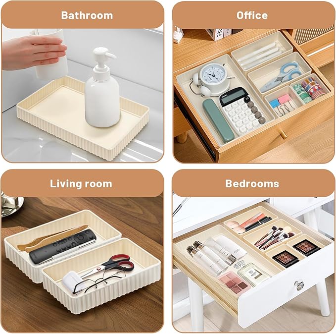 6 PCS White Drawer Organizer Set 3-Size,Versatile Desk and Vanity Drawer Organizer Trays, Storage Bins for Bedroom, Kitchen，Bathroom-NeatNest