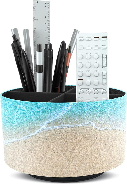 Hennaja Round Leather Art Supply Organizer,Remote Control Holder,360 Degree Rotating,Multi-Functional Pencil Holder,4 Compartments Desktop Stationary Organizer(1-Sandbeach)-NeatNest
