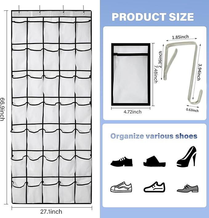35Large Pockets Over The Door Shoe Organizer, Mesh Pockets Shoe Holder Rack, Capacity Shoe Hanging Storage，door shoe rack With 4 Metal Hook.-NeatNest