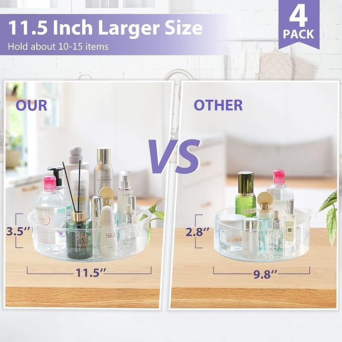 4 Pack Lazy Susan Organizer for Cabinet, Upgraded 11.5" Clear Turntable Organizer with Handles and Raised Edge, Rotating Lazy Susan Spice Storage for Kitchen, Pantry, Refrigerator, Bathroom, Table