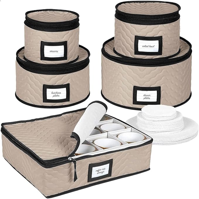 China Storage Containers 5-Piece Set Moving Boxes for Dinnerware, Glasses, Plates, Mugs and Saucers Sturdy Quilted Microfiber Dish Organizer with Dividers for Seasonal Storage - Brown-NeatNest
