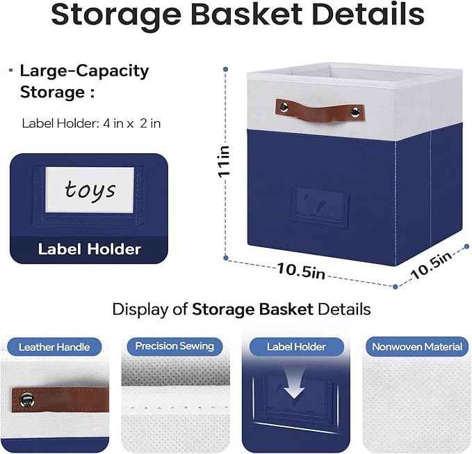 6-Pack Collapsible Fabric Storage Cubes with Handles & Label Holders, Closet Cube Home Organizer Bins (White/Navy Blue, 10.5 * 10.5 * 11 inch)