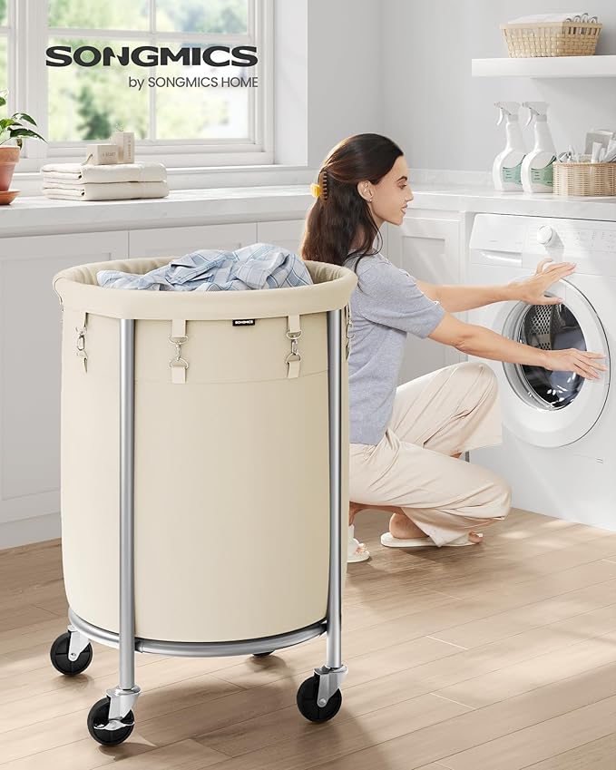 SONGMICS Laundry Basket with Wheels, Rolling Laundry Hamper, 29 Gal., Round Laundry Cart with Steel Frame and Removable Bag, 4 Casters and 2 Brakes, Cream and Silver URLS002W01
