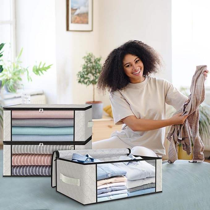 HomeHacks Storage 8-Pack Clothes Organizer Storage Bags Foldable Storage Box with Large Clear Window Sturdy Handles for Closet, Dorm, Pillows, Bedding, Clothes, Blankets, 35L, Ivory-NeatNest