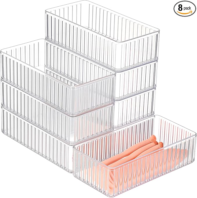 8 Pcs Clear Drawer Organizers Bins Stackable Makeup and Vanity Organizer Trays Clear Plastic Drawer Organizers Set for Office Desk Dividers (6.3 x 3.15 x 1.8 Inches)