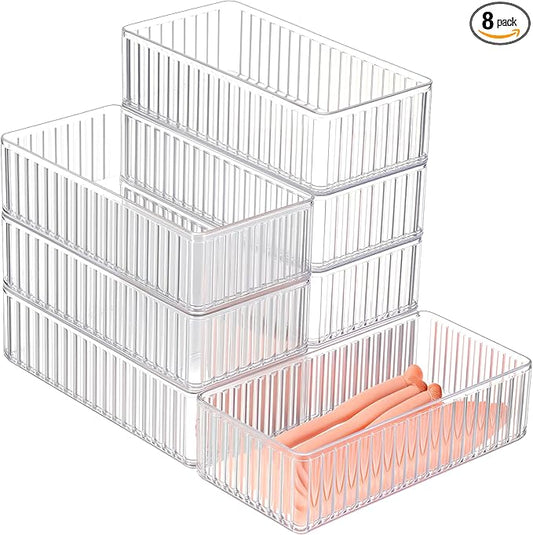 8 Pcs Clear Drawer Organizers Bins Stackable Makeup and Vanity Organizer Trays Clear Plastic Drawer Organizers Set for Office Desk Dividers (6.3 x 3.15 x 1.8 Inches)