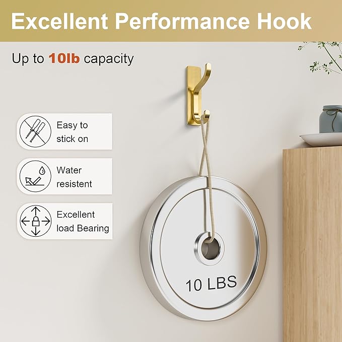 10-Pack Self Adhesive Wall Hooks for Hanging - 13 LB Strong Hold, Sticky Hangers for Coat, Towel, Purse, Keys, Bag - for Wall, Door, Bathroom, Shower, Dorm, Kitchen - Stainless Metal, Gold