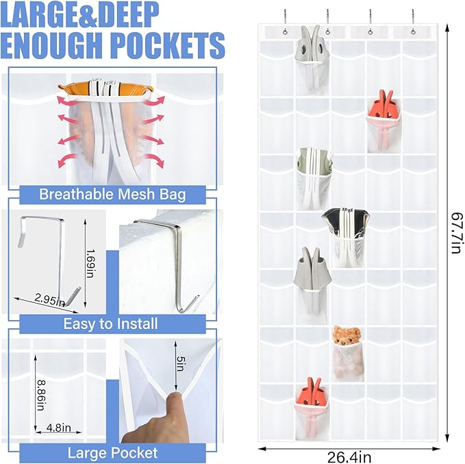 Windyun 2 Pcs 70 Large over The Door Shoe Organizer Hanging Shoe Rack for Closet Holder Pure Mesh Pockets Back to School Behind Door Hanger Storage Nonslip for Home Room School Dorm, Each 35 Pockets-NeatNest