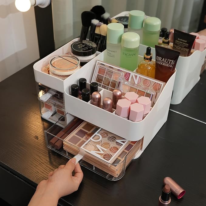KLGO Makeup Organizer and Storage Cosmetic Display Case With 3 Clear Drawers Skincare Organizer for Bathroom Make Up Stand for Vanity Lipsticks, Jewelry, Nail Care, Eyeshadow, Skincare-NeatNest