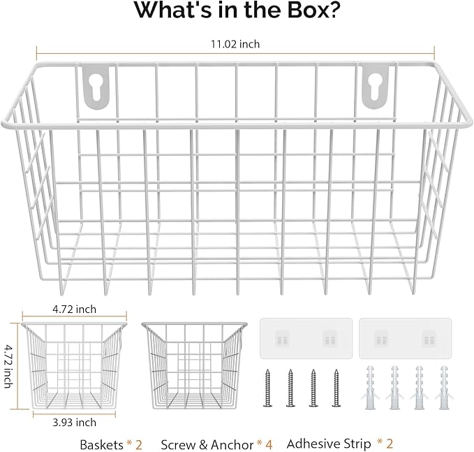 MaraFansie Hanging Wire Baskets Kitchen Storage Basket Adhesive and Screws Basket Over the Cabinet Door Organizer with Adhesive Strips and Screws Accessories, 2 Installations, 2 Pack, White-NeatNest