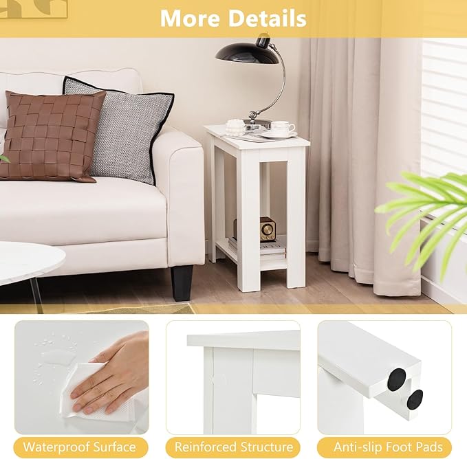 GOFLAME 24” Side Table Set of 2, 2-Tier Rectangular End Table with Storage Shelf, Multipurpose Night Stand for Bedroom, Living Room, White