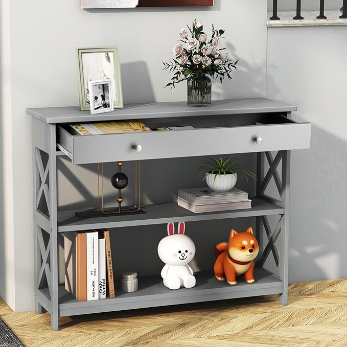 GOFLAME 39" Console Sofa Table with Drawers, 3-Tier Narrow Entry Table with Storage Shelves for Living Room Behind Couch, Entryway, Hallway (Grey)-NeatNest