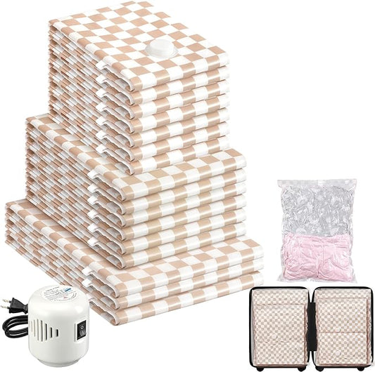 16 Pack Travel Vacuum Storage Bags with Electric Pump, 3 Large+6 Medium+7 Small Vacuum Sealer Bags, 80% Space Saver Bags for Luggage, Comforters and Blankets, Travel Essentials(Light Pink Checkered)-NeatNest