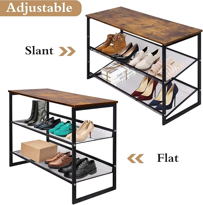 Garden 4 you 3-Tier Tilting Adjustable Freestanding Shoe Rack 6-Pairs 25.2 in Length for Durability and Stability for Entryways, Hallways, Closets, Dormitory Rooms, and Industries，Brown-NeatNest