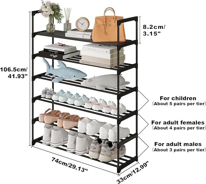 Calmootey 6-Tier Shoe Rack, Tall Large Capacity 30 Pairs Shoes Storage Organizer, Stackable Wide Shoe Shelf for Entryway, Hallway, Black-NeatNest