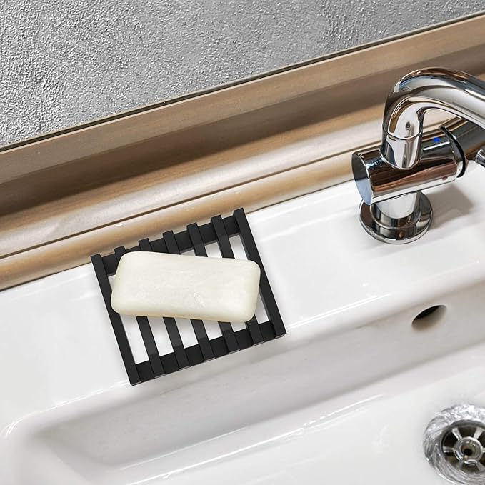 2Pcs Soap Dish Holder, Non-Slip Bathroom Accessories Silicone Soap Case Saver, Sink Deck Bathtub Shower Dish Soap Drainer, Silicone Holder for Soap, Sponges, Scrubber (Black)-NeatNest