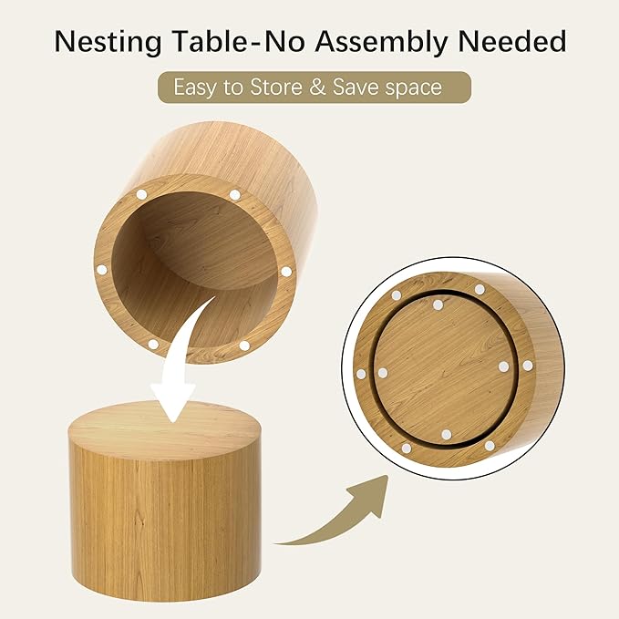 Nesting Coffee Table Set of 2, Round Wooden Coffee Tables Modern Circle End Table Side Tables for Small Spaces Living Room, Bedroom, Balcony, Office, Wood Color